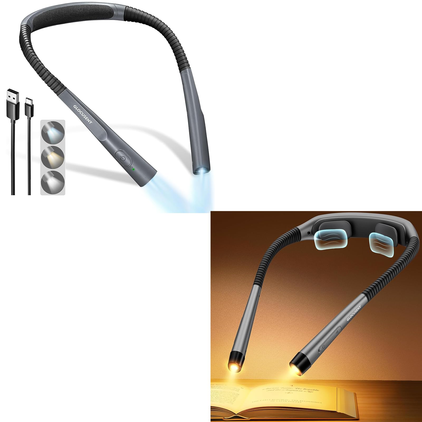 Glocusent Verbesserte Leselampe Hals, Ergonomische Nackenlampe mit 30-Min Timer, 3 Farben & 3 Helligkeiten & Ergonomische Leselampe mit 1600mAh Akku, 3 Farben & 5 stufenloser Helligkeit