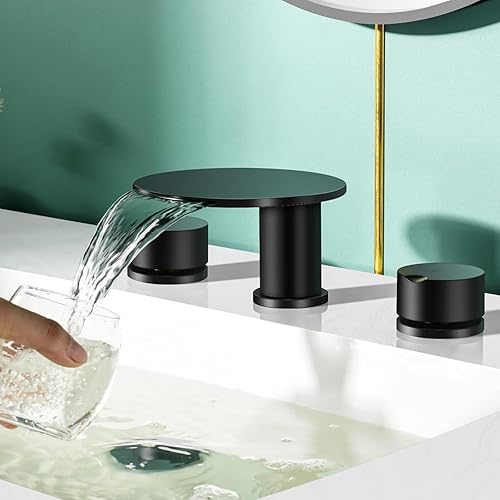 AUU Moon - Grifo de lavabo de baño de 3 agujeros, cascada de latón macizo, 2 manijas generalizadas de 8 pulgadas (negro) disponible en Yaxa Costa Rica