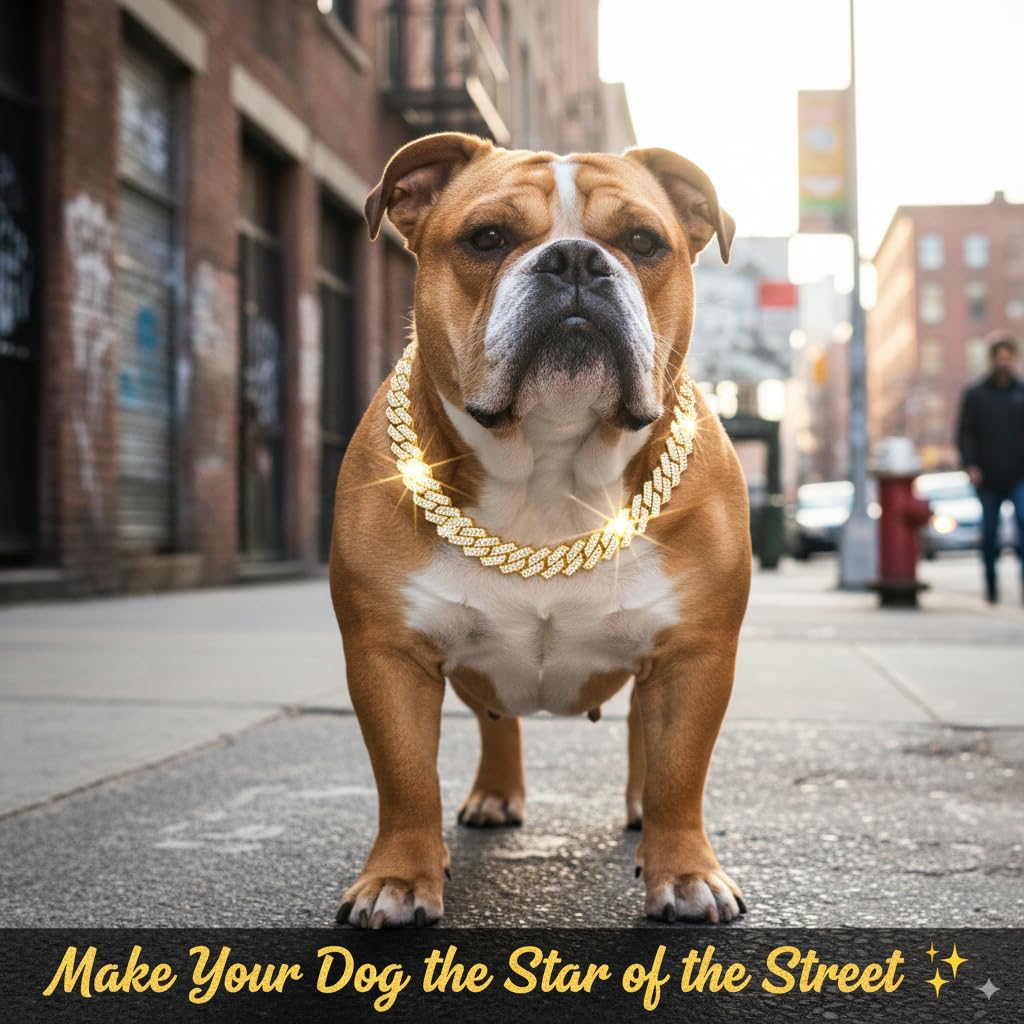 Collar de perro de eslabones cubanos de lujo con diamantes de imitación, collar de metal para mascotas de 15 mm de ancho, joyería para perros y gatos pequeños, medianos y grandes (18 pulgadas)
