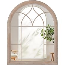 COSTWAY Arched Window Wall Mirror, Farmhouse Hanging Accent Decorative Mirror, Indoor Outdoor Metal Frame Wall Mounted Windowpane Mirrors for Hallway, Living Room, Garden Rustic Grey, 88.5x69cm