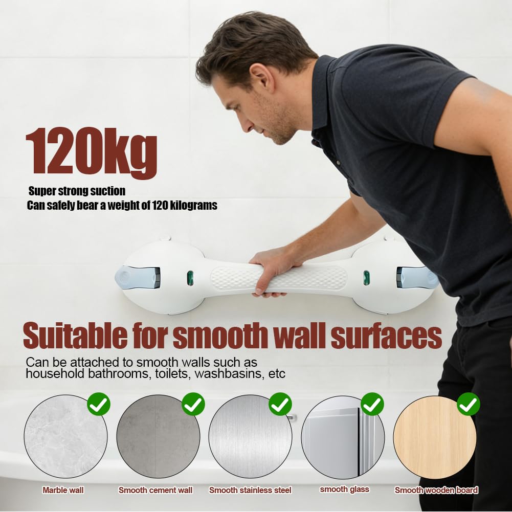 Barra di supporto doccia senza fori con ventosa, 120 kg, per anziani, indicatore di sicurezza colorato, removibile, impermeabile, per bagno e vasca da bagno, 44 cm, Blu