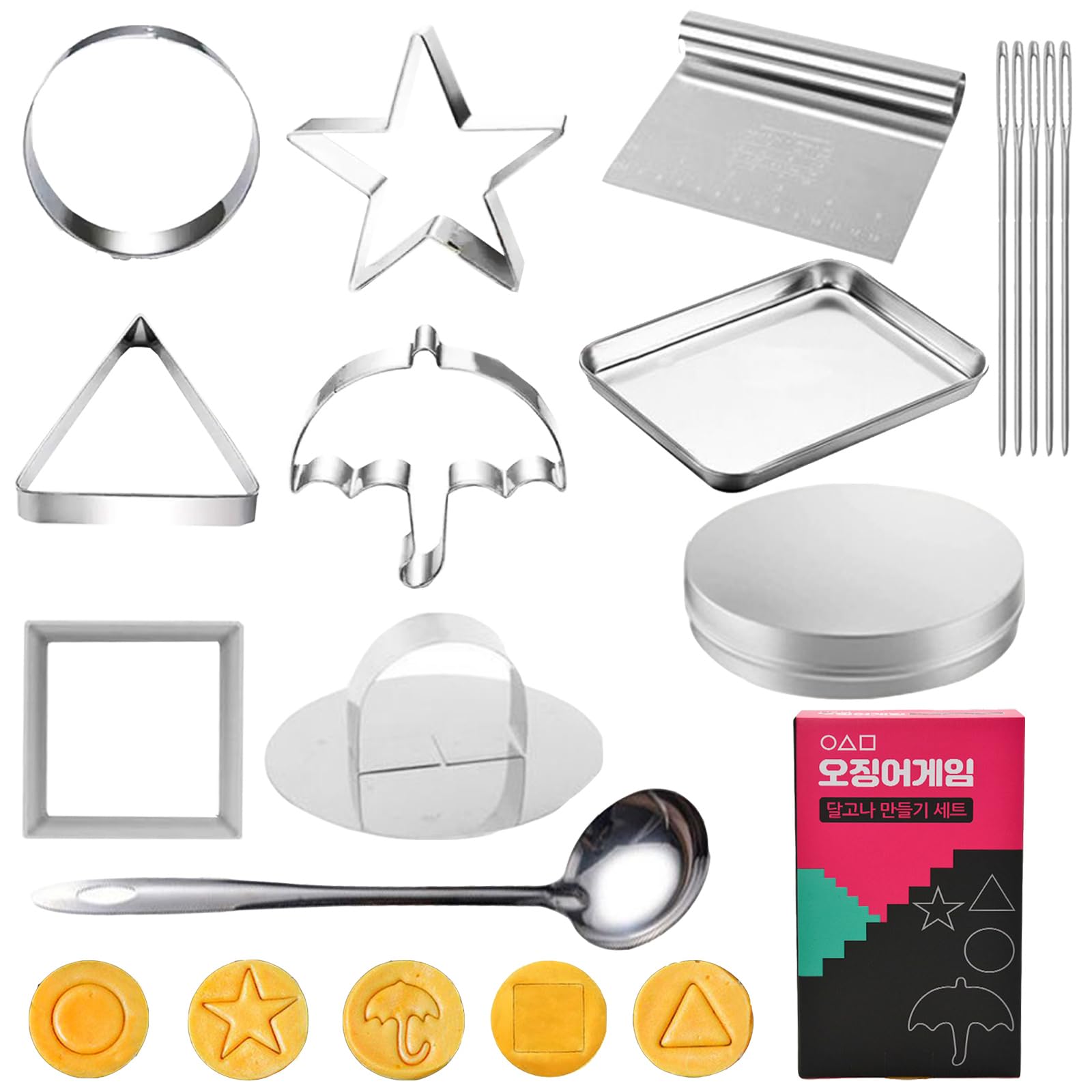 AUNGKWANG Stampini per Biscotti Dalgona Coreana in Acciaio Inox, 15 Pezzi Set di Stampi per Biscotti in Acciaio Inox, Sugar Game Kit Cookie Cutter, Umbrella Piazza Triangle Star Round Baking Molds
