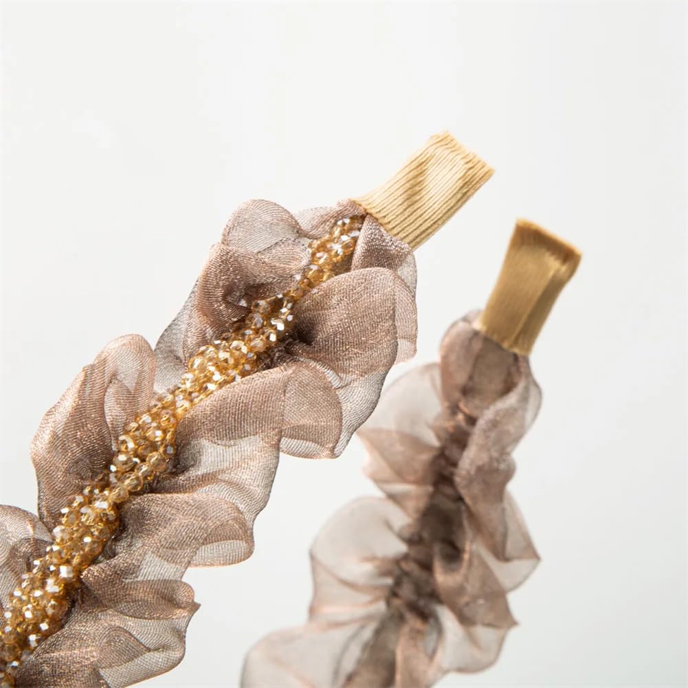 Diadema trenzada, diademas, mujeres niñas Organza plisada ala ancha banda for el cabello trenza con cuentas diadema fiesta bandas for la cabeza(Light Coffee)
