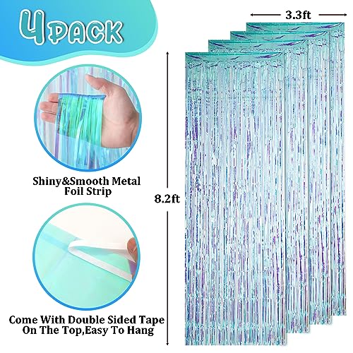 Image of Voircoloria 4 Pack 3.3x8.2 Feet Neon Iridescent Foil Fringe Backdrop Curtains, Tinsel Streamers Birthday Party Decorations, Fringe Backdrop for Graduation, Baby Shower, Gender Reveal, Disco Party