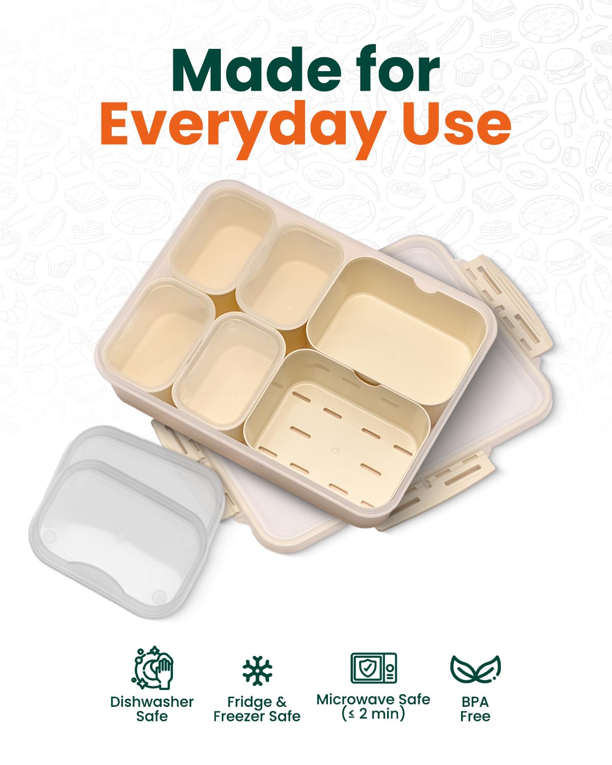 Snackbox Creamy White z przegródką ociekową, przenośna snackle box z torbą termoizolacyjną i wielorazowym wkładem chłodzącym, 6 wyjmowanych przegródek (2 duże + 4 małe) osobnymi pokrywkami