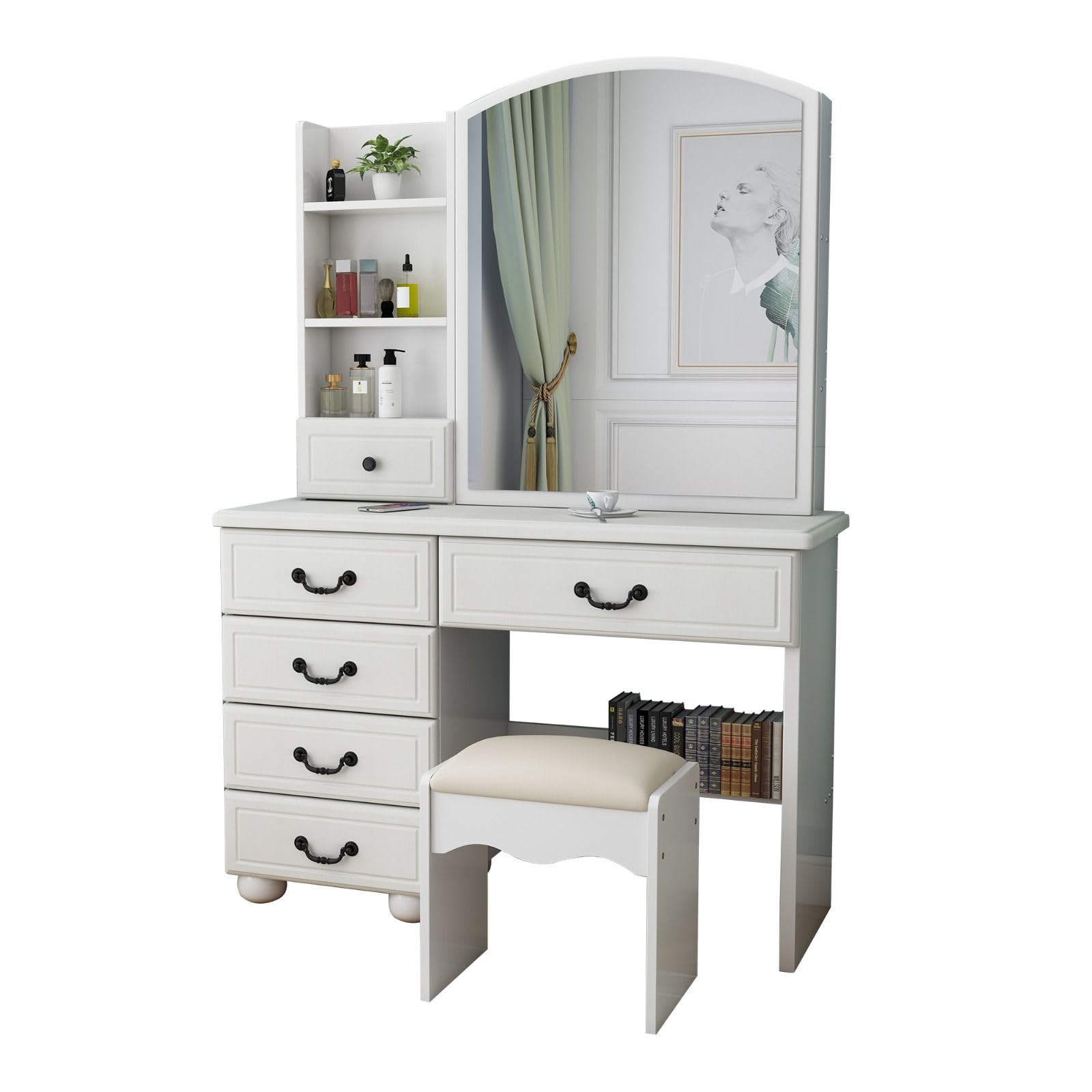 FRITHJILL White Vanity Desk with LED 3-Color Adjustable Mirror, 6 Drawers, and Soft Stool, Makeup Table Set for Bedroom