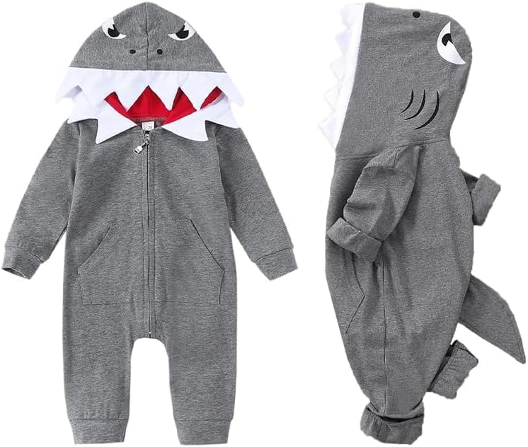 Newborn Baby Boys Girls Cartoon Shark Dinosaur Hoodie Romper Onesies Outfits - Image 2