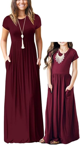 Mommy and Me Short Sleeve Loose Plain Family Matching Maxi Dresses with Pockets for Mother's Day...