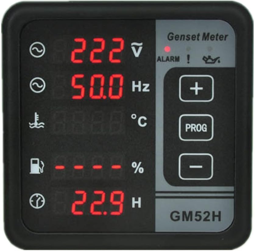 5 in 1 Digital Multi-Function Genset Generator Panel Meter Hour Voltage Frequency Engine Gauge Coolant Water Temperature Fuel Level Indicator Gauge Kit Alarm Function GM52H DC 9-36V