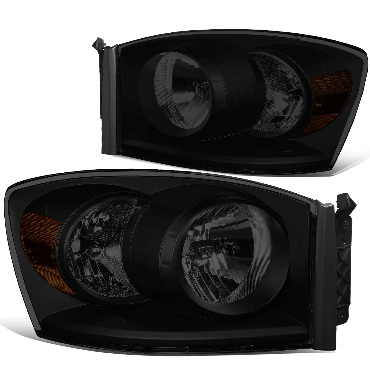 Auto Dynasty Headlights Assembly Compatible with 2006 2007 2008 2009 Dodge Ram 1500 2500 3500, Pair of Halogen Headlamps Replacement, CH2519115 CH2518114, Black Housing Smoked Lens Amber Corner