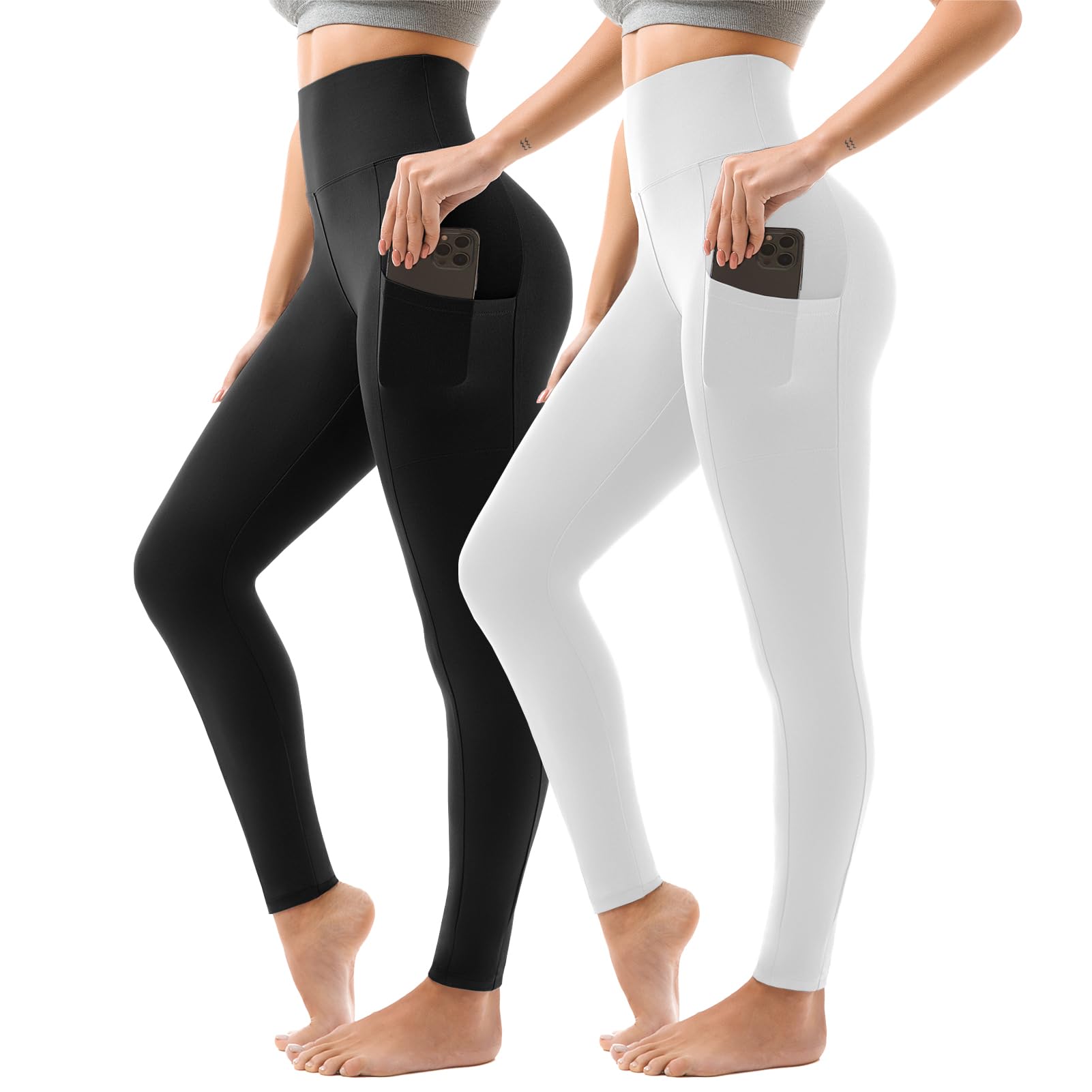 Sanpetix Sport Leggings Damen High Waist, Sporthose Damen Lang Mit Taschen Für Gym Yoga 2er Pack SM Schwarz/Grau