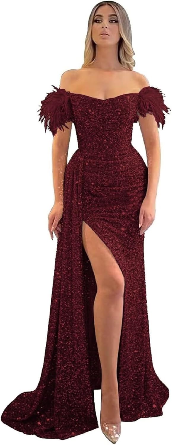 Dymaisei Women's Sequin Mermaid Long Feather Prom Dress 2023 Backless Formal Party Dress