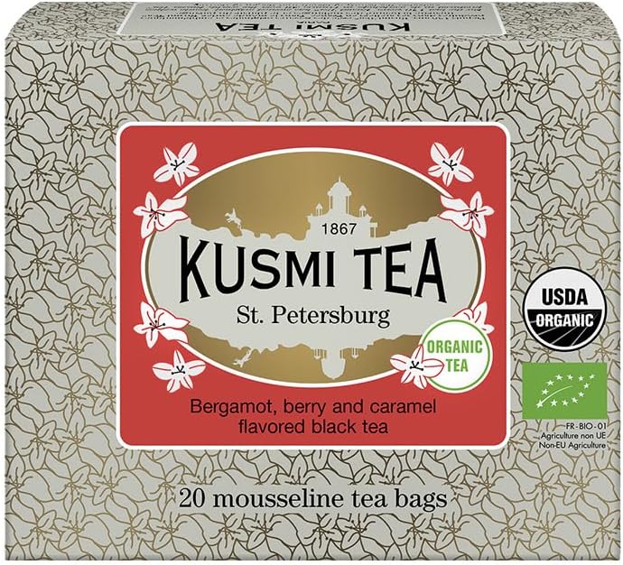 Kusmi Tea - St. Petersburg - Organic Black Tea - Earl Grey Tea - Blend of Black Tea with Red Berries, Caramel, Vanilla & Bergamot - Robust, Caffeinated Tea - 20 Tea Bags