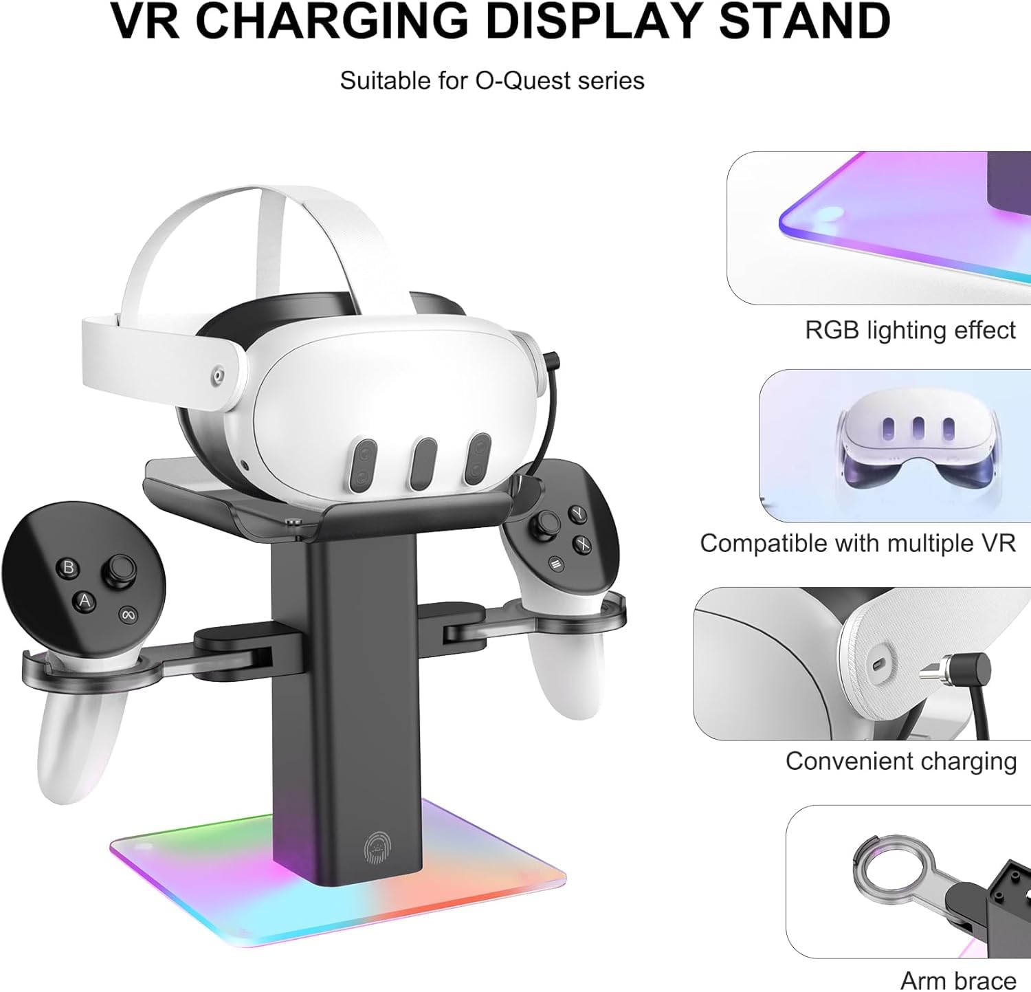 TicEaik Station de charge pour Meta Quest 3S/Quest 3/Quest 2, station de charge avec lumière LED/RVB, contrôleurs et accessoires VR, port de charge de type C