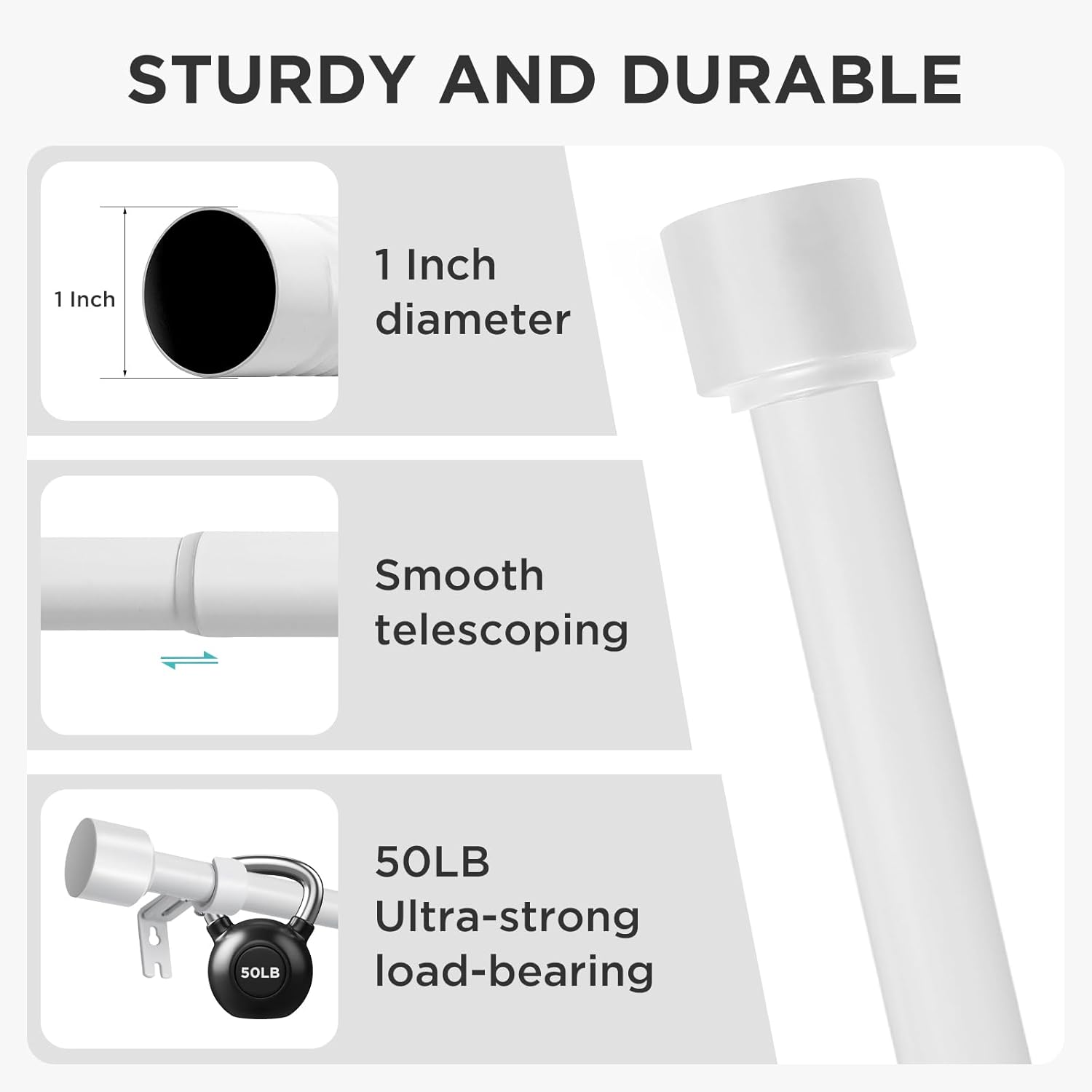 Joydeco White Curtain Rod 32-120 inch, 1" Diameter Heavy Duty Curtain Rod Adjustable Metal Rod Set for Windows, Decorative Finails for Sliding Glass Door Bedroom Living Room