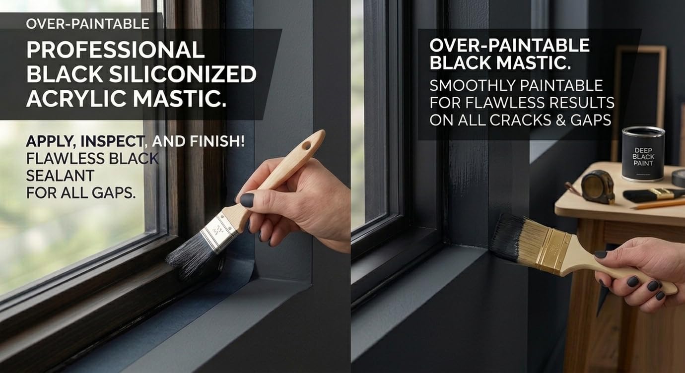Mastic D’étanchéité Acrylique Noir Peignable, Joint Acrylique Noir Exterieur, Intérieur 500g x3 SANS SOLVANT Mastic pour Cadre de Fenêtre, Silicone Acrylic Pour Reboucher Fissure, Interstice