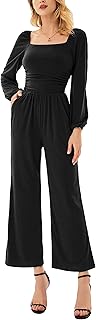 GRACE KARIN Women Casual Square Neck Long Sleeve Wide Leg Jumpsuits with Pockets