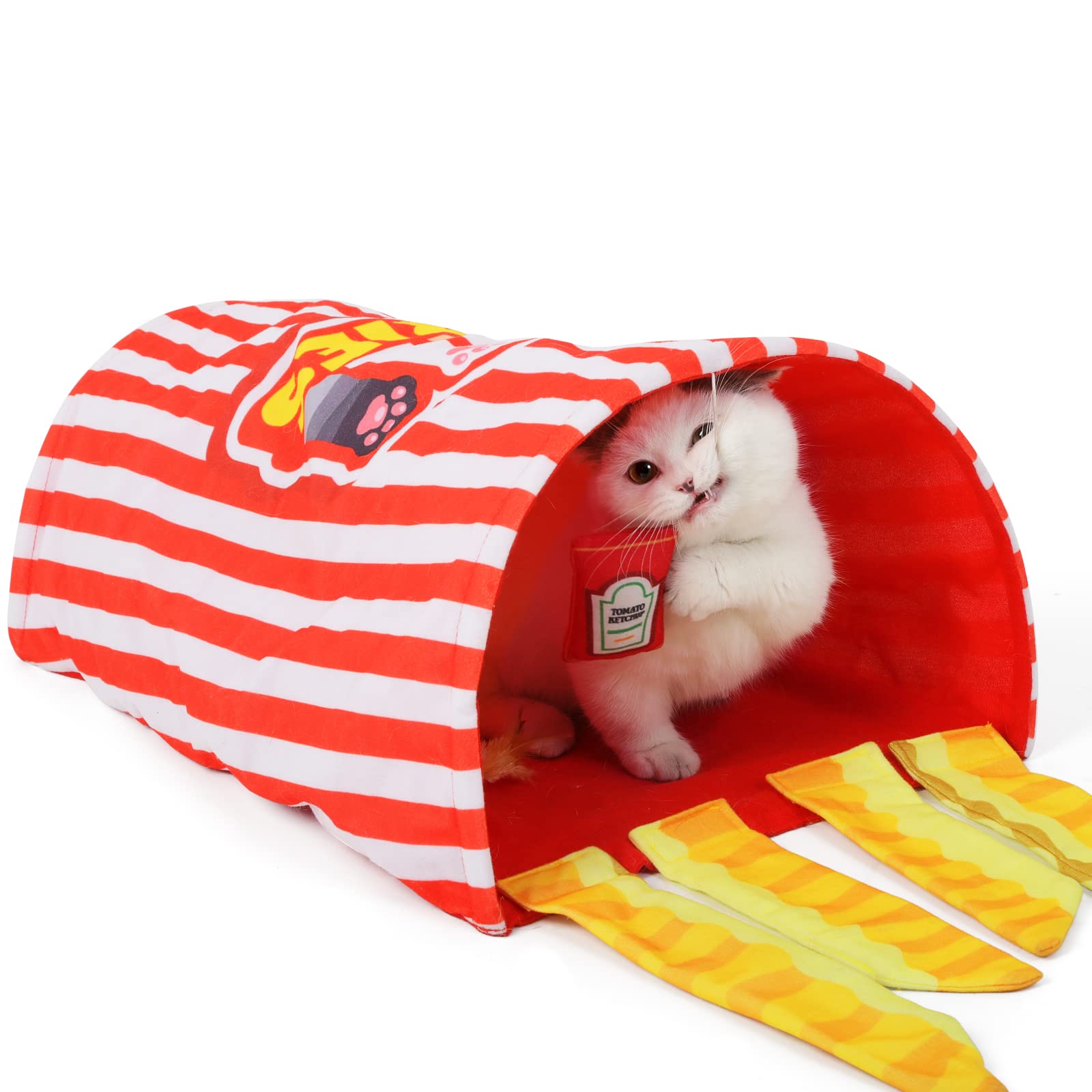 Cat Tunnel Toy, Small Cat Tunnels for indoor Cats Kittens Rabbits with Interactive ketchup, Crinkle Play Tunnel for Cat Gift