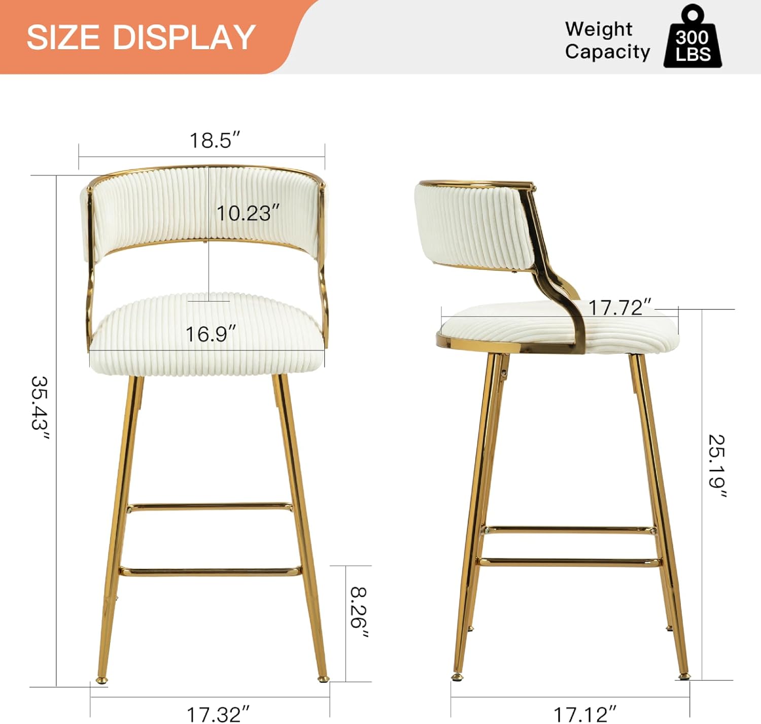 Modern Bar Stools Set of 2 Stool Kitchen Island Stool withBackrest Corduroy Upholstered Bar Chairs with Footrest Sturdy Golden Metal Frame (Beige)