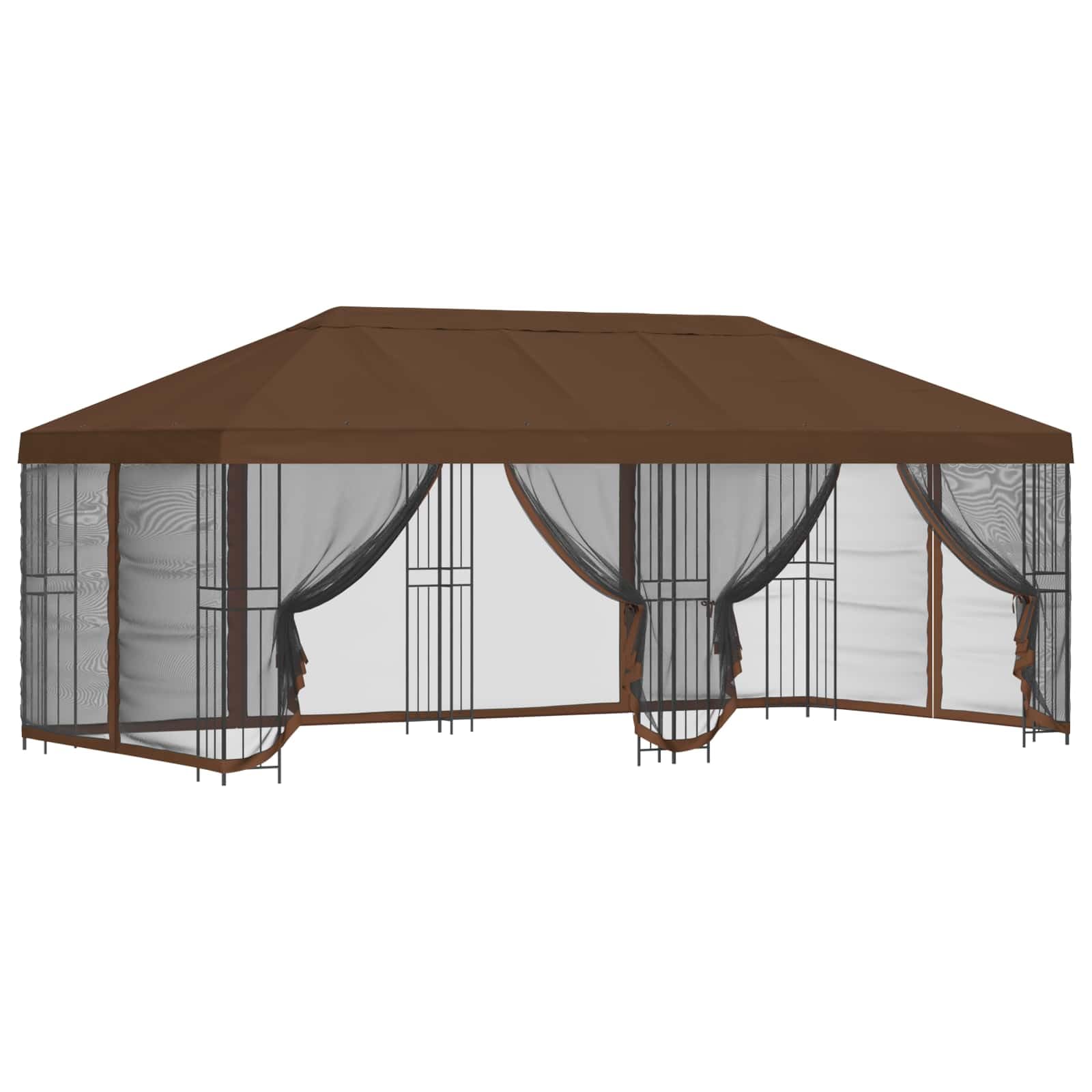 Gazebo 6 x 3 m marrón con pared, poliéster y acero, 2 paquetes con toldo