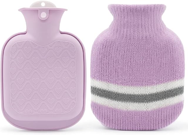 Hot Water Bottle with Knitted Cover, 300ml Small Hot Water Bag for Pain Relief, Back, Neck and Shoulders, Mini Hot Water Bottle with Removable and Washable Soft Cover, Best Gift for Women, Kids