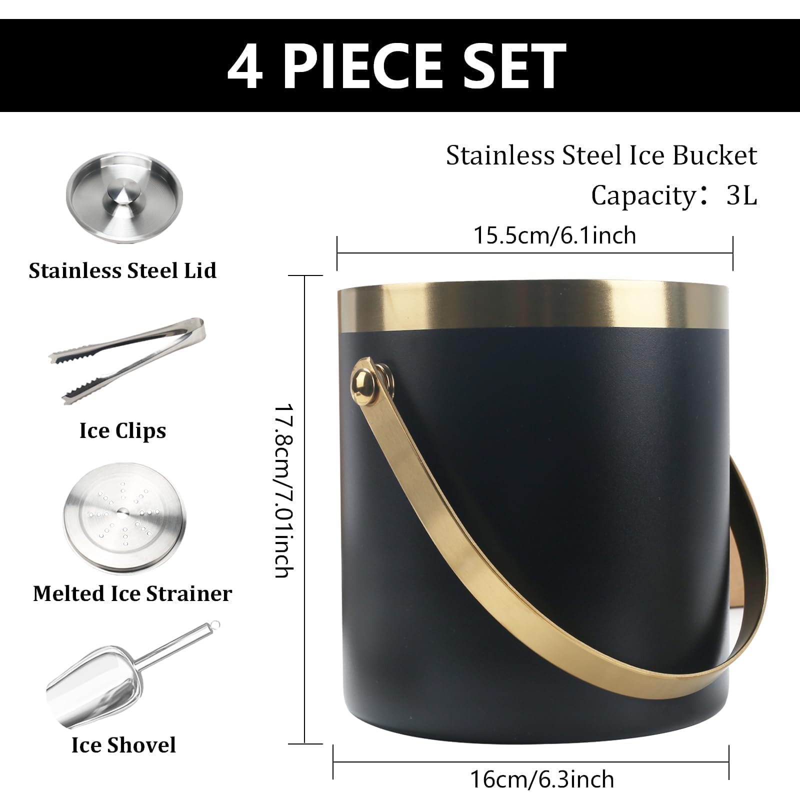 3L cubiteras para hielo grande hielera portátil cubiteras para botellas de doble pared de acero inoxidable champanera con Tapa Colador Cuchara hielo y Pinza para Bar Fiestas de picnics Negro