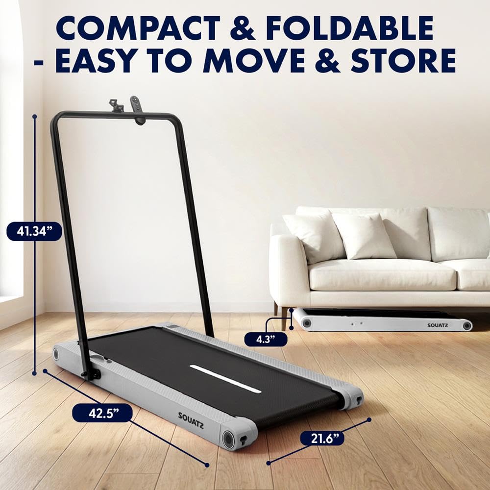 Squatz Tapis Roulant 2-in-1 con Manubrio e Pedana Vibrante, Tapis Roulant Salvaspazio, Walking Pad Display LED, Supporto Tablet, Motore Silenzioso 746 Watt, Telecomando, per Casa e Ufficio, Bianco