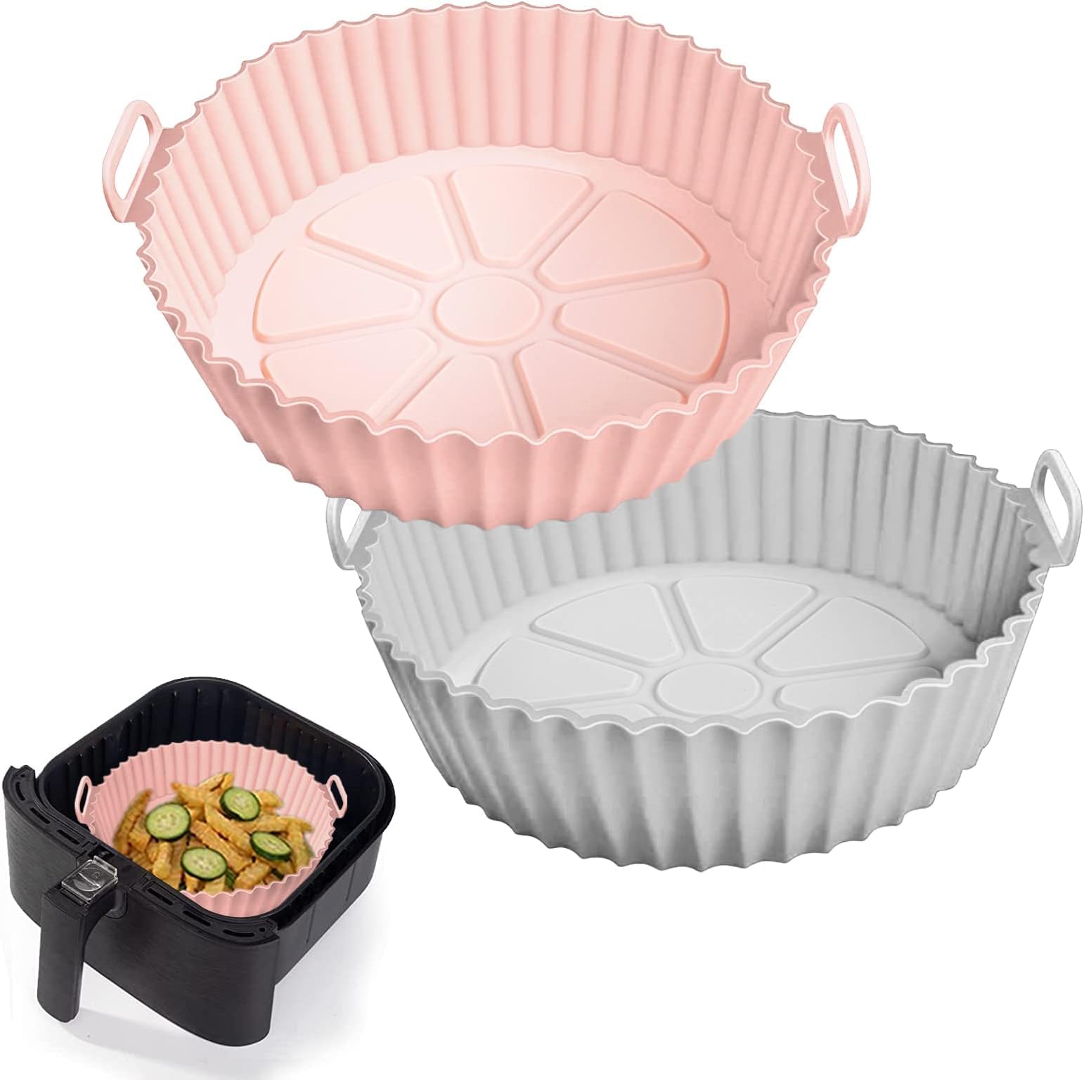 Air Fryer Liners I Round Silicone Basket Baking Tray I Pot with Ear Handles I Nonstick Reusable Heat Resistant I Cooking Oven Insert Accessories - Pink + Grey (8 inch, Pack of 2)-image-7