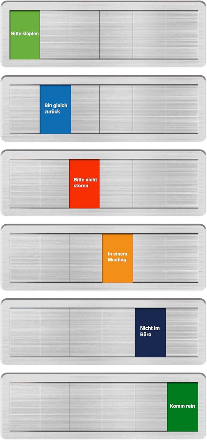 Placas para Puertas de Oficina 6 Modelos: "No Molestar", "En Reunión", "Fuera de la Oficina", "Adelante", "Vuelvo Enseguida", "Por Favor, llame a la Puerta" — Placas con Función Deslizante