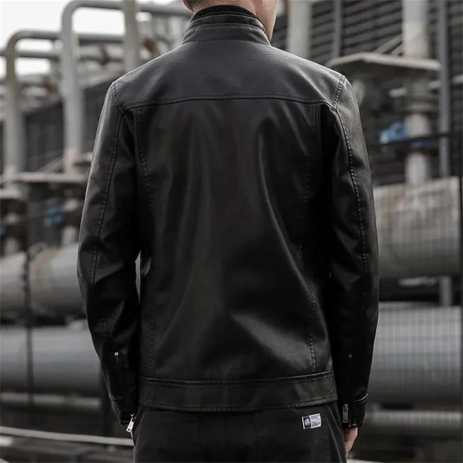 Men's Faux Leather Blazer Jacket Slim Fit Stand Collar Casual Business Coat With Pockets Motorcycle Jacket