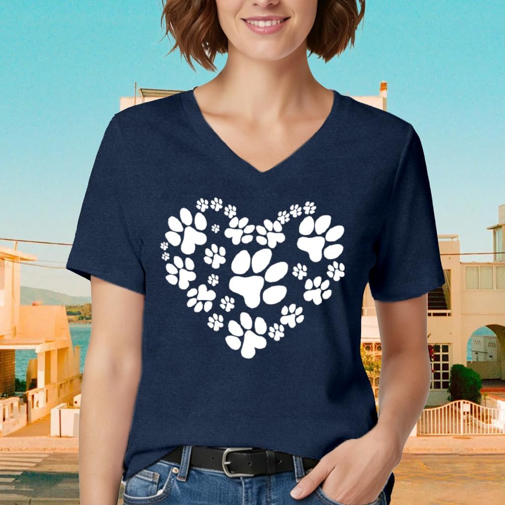 Dog mom Shirt Dog Lover V-Neck T-Shirt Heart Paw Tee Tops - Image 3