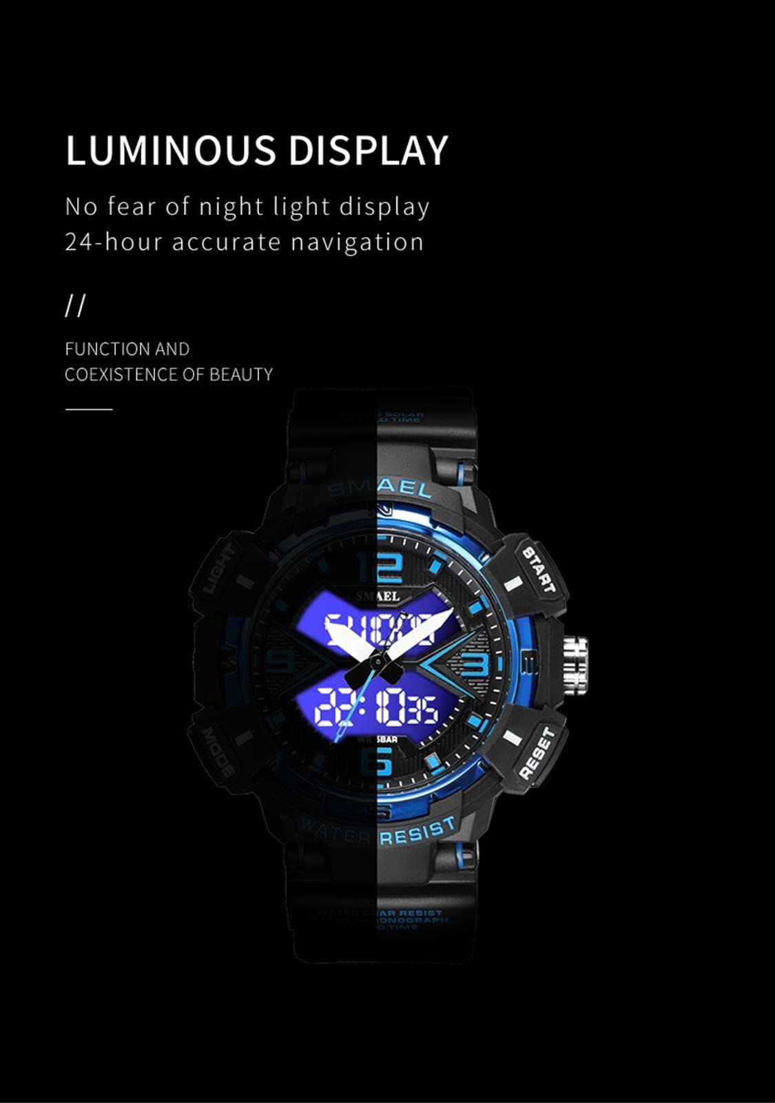 Montre Digital Homme Montre Sport Homme Montre Adolescent avec Alarme Imperméable Lumière Analogique-Digital Chronomètre Etc Multi-Fonctionnel Montre-Bracelet
