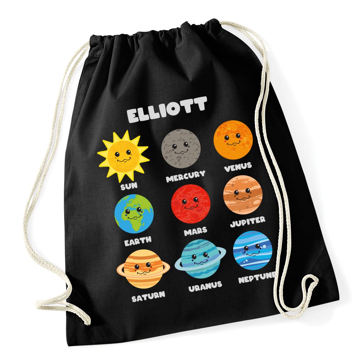 Hippowarehouse Personalised Cute space planets Drawstring Cotton School Gym Bag 37cm x 46cm, 12 litres