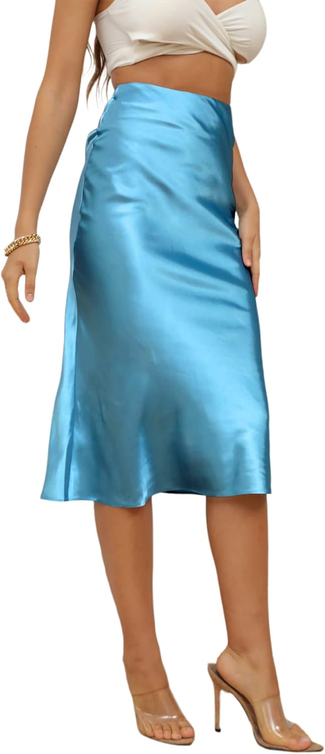 LYANER Women's Satin Silky Side Zipper Elastic High Waist Ruffle Hem Flared Midi Skirt - Image 3