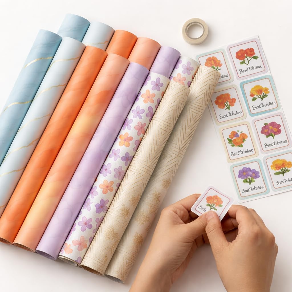 PulGos Set of 21 Gift Wrapping Combo Kit – 10 Assorted Decorative Gift Wrap Sheets + 10 Best Wishes Stickers + 1 Cello Tape | Perfect for Christmas, Birthdays, Parties, Gifting & Hampers | Gift Wrap