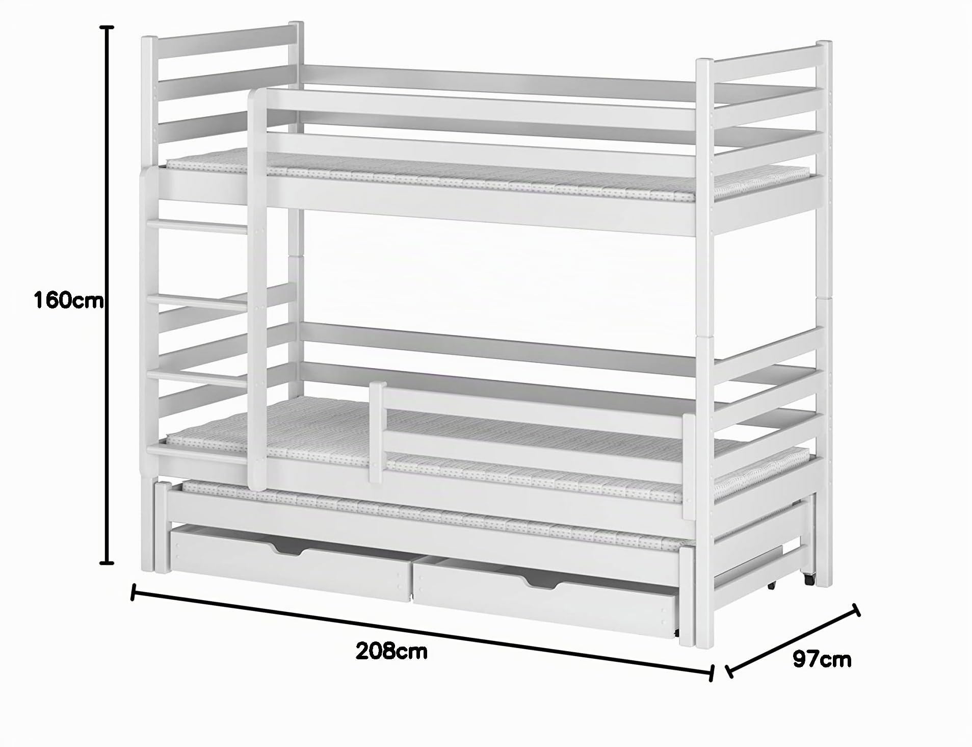 Kids Collective Hochbett 90x200 mit Ausziehbett Etagenbett Kinderbett mit Ausziehfunktion Zwei Schubladen Lattenrost Rausfallschutz umbaubar in DREI Einzelbetten, 4. bis 16. Lebensjahr Vollholz | weiß
