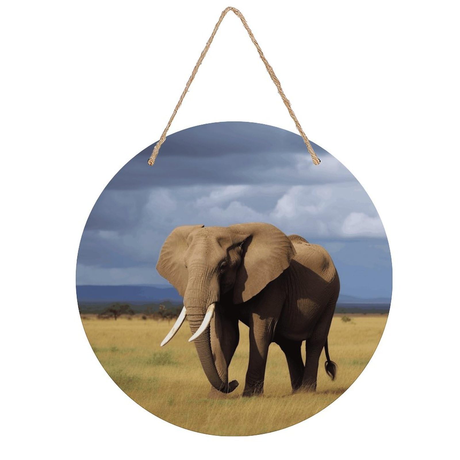 FekiLoot Africa Grassland Elephant Wall Art Decor Round Wood Hanging Sign Decoration Wooden Circle Door Sign Round Hanging Decorative Wood Plaque Door Hanger for Home Outdoor Indoor Decoration