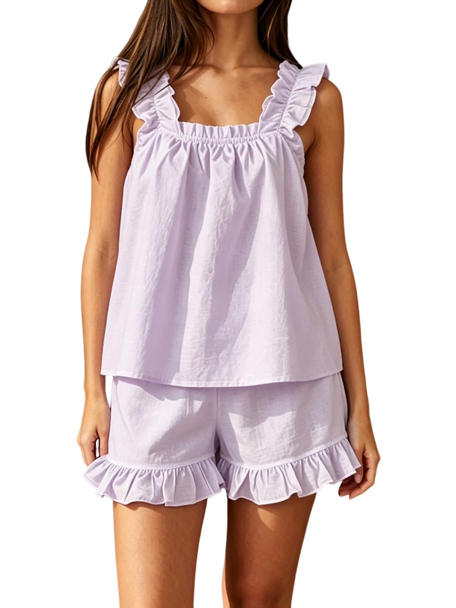 Women's Summer Pajama Set Cotton Ruffle Loungewear Sets