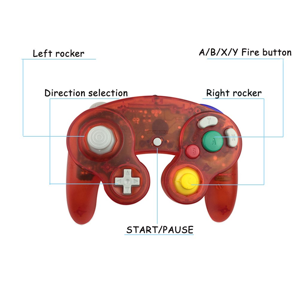 Reiso 2 Packs NGC Controllers Classic Wired Controller for Wii Gamecube (2 Packs Clear Red and Clear Blue)