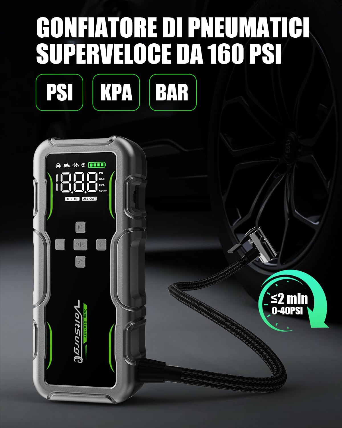 Avviatore Emergenza per Auto con Compressore 160PSI, 7000A Booster Avviamento Auto/Moto (Fino a Tutti i Benzina e 10L Diesel), 12V Starter Batteria con Torcia