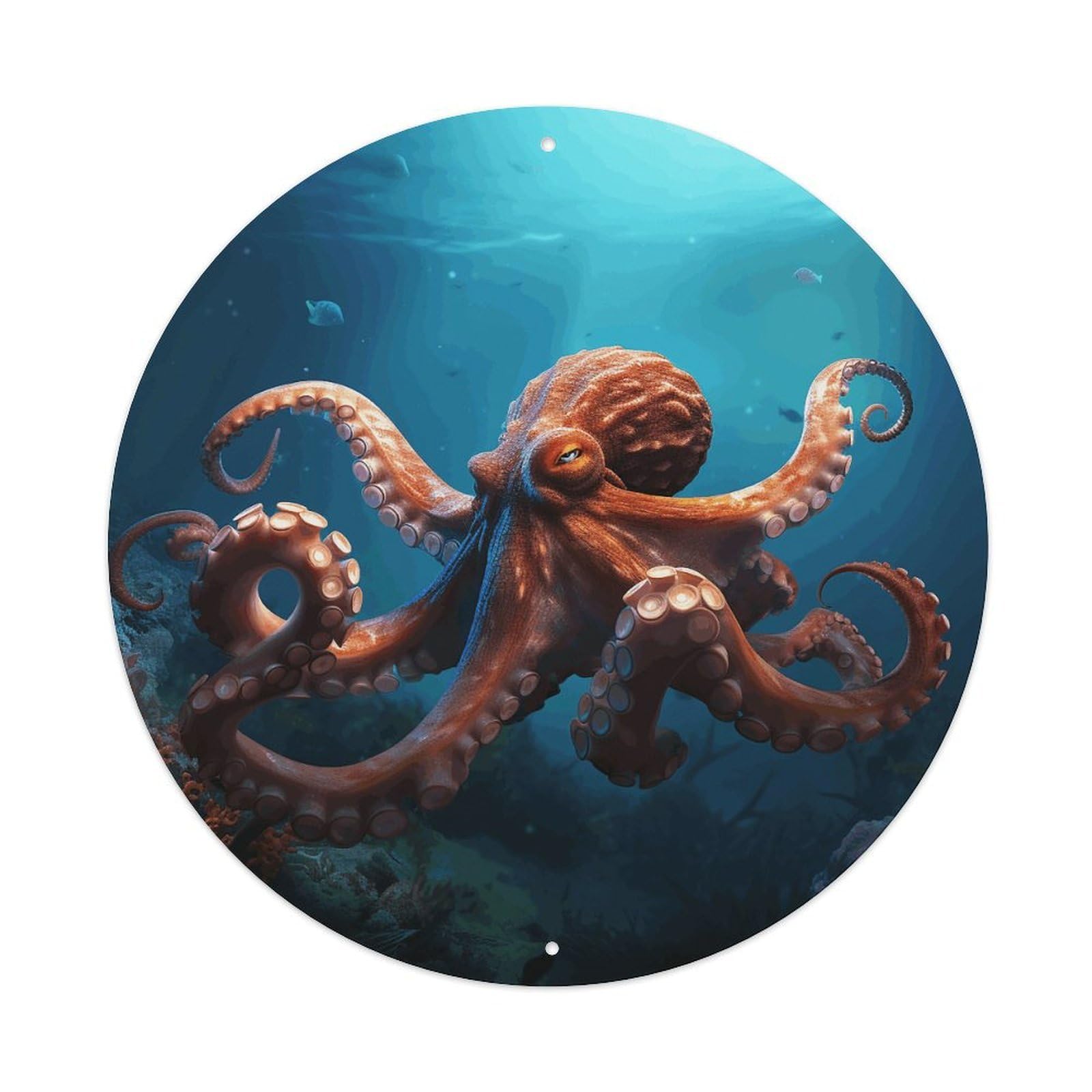 LZQPOEAS Ocean Animal Octopus Round Aluminum Wall Art Sign, Metal Indoor Wall Decor with Holes, Durable Circular Aluminum Plaque for Home, Bar, Cafe, Living Room, And Office Decoration