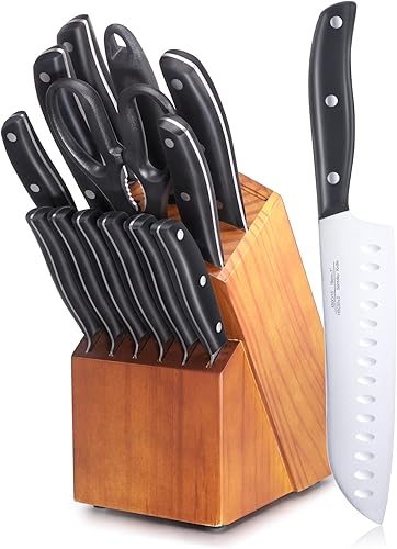 Juego de cuchillos de 15 piezas para cocina con bloque, juego de cuchillos de acero inoxidable de alto carbono de Alemania con afilador y 6