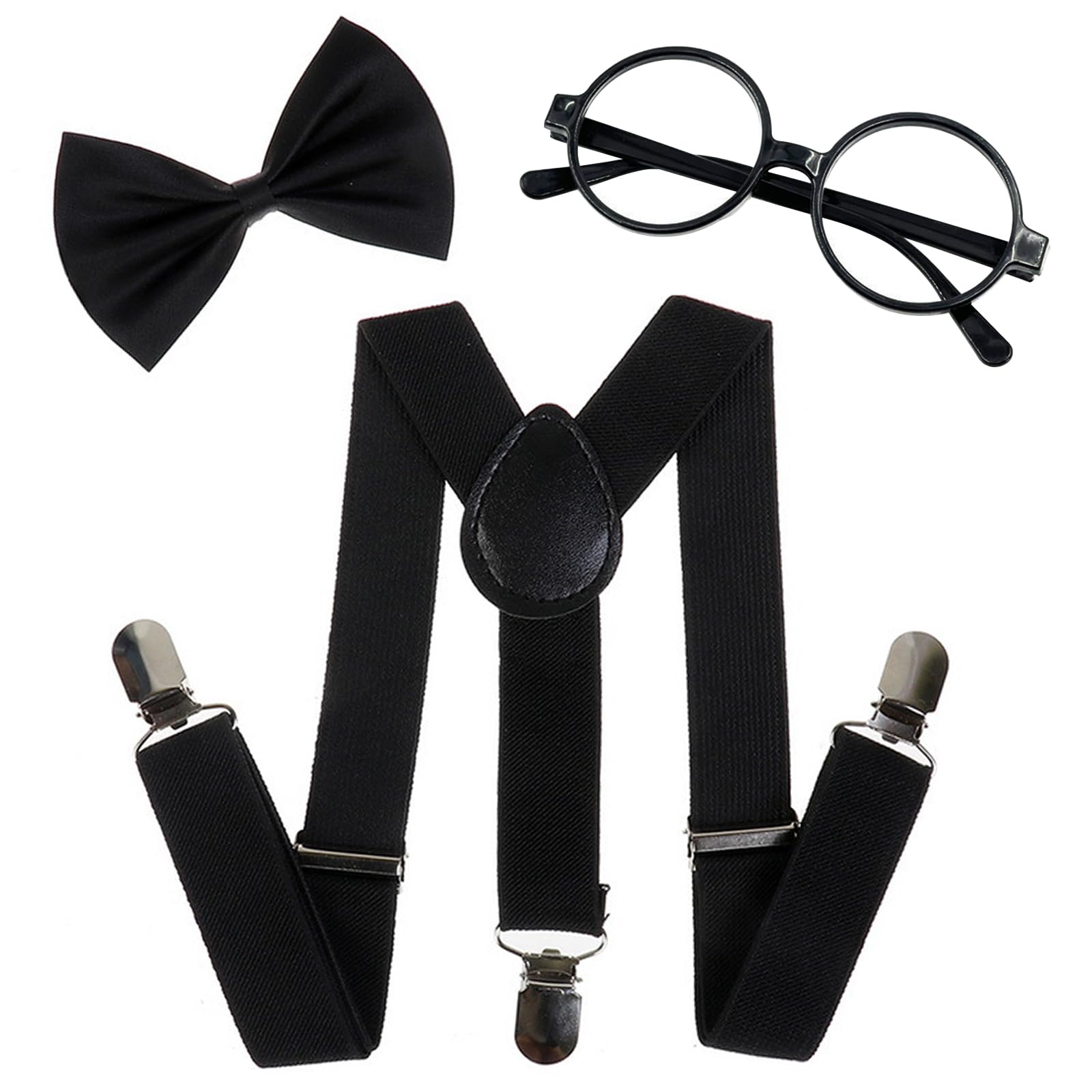 Child Kids Suspenders Bowtie Set with Black Glasses - Adjustable Suspender Set for Boys and Girls