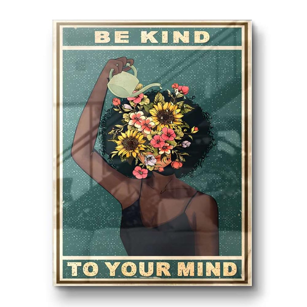 Be kind to your mind Poster, Achtsamkeit mentale Gesundheit Leinwand Bild, Retro Boho Wandbild in grün mit Blumen, Wohnzimmer Schlafzimmer Flur Wanddeko, positive Gedanken Selbstliebe Kunstdruck