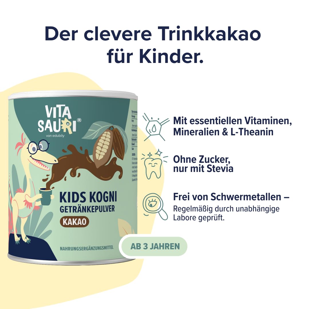Kids Kogni - Kakao Getränkepulver zuckerfrei für Kinder - Mit B-Vitaminen, Zink, Cholin, L-Theanin und resistentem Dextrin - mit Stevia gesüßt (240 g)