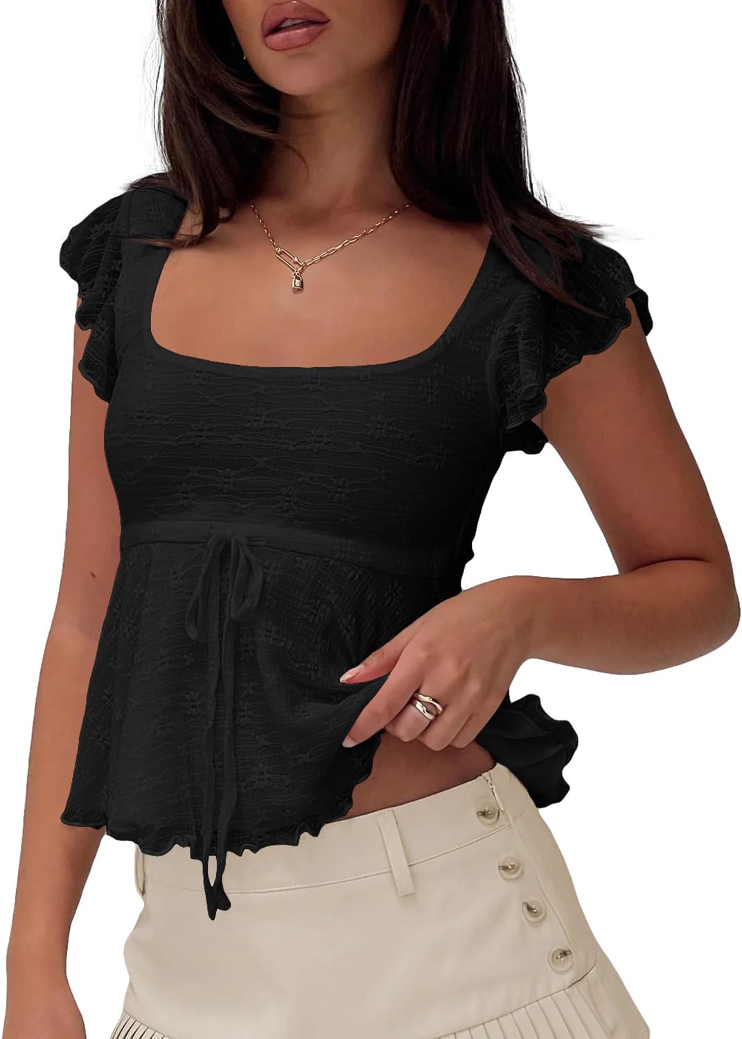 BAIGRAM Women Floral Flowy Babydoll Peplum Tops Y2K Cap Sleeve Ruffle Tank Square Neck Lace Up Layered Crop Shirt Going Out - Image 4