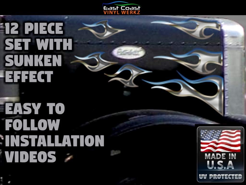 No. 12 Semi Truck Flame Decals - Sunken Brushed Steel & Chrome - 12 pc. Set - Peterbilt 379 389 Kenworth W900 W900L Freightliner Classic XL