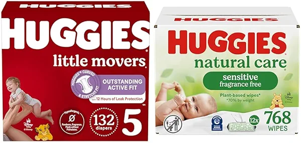 Little Movers Bundle: Huggies Little Movers Baby Diapers, Size 5 (27+ lbs), 132 Count & Huggies Natural Care Sensitive Baby Wipes, 768 Count (12 Packs of 64)