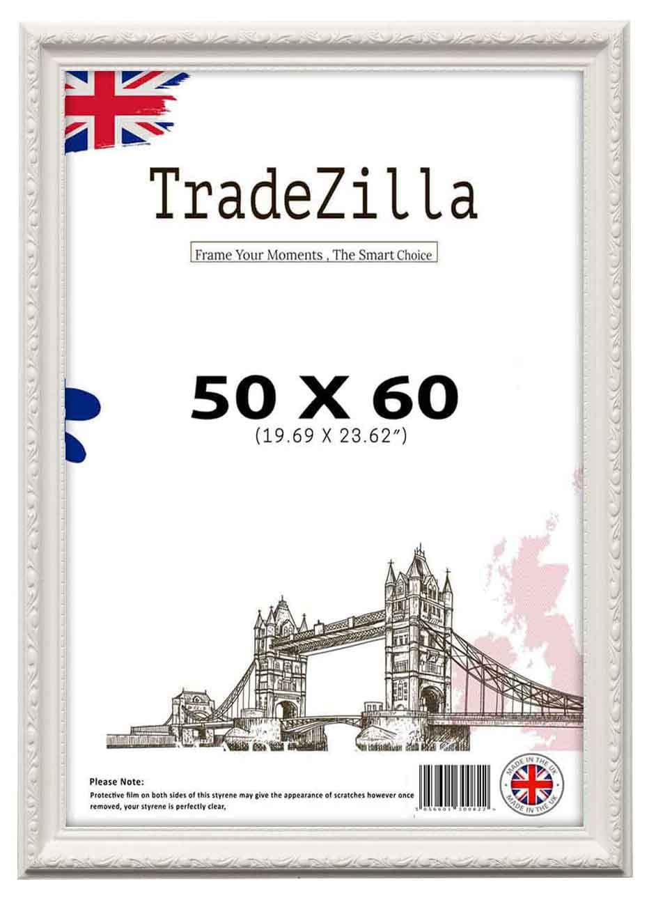 TradeZilla Large White Ornate Shabby Chic 50X60 CM (23.62X19.69) Picture/Photo/Poster Vintage Antique frame for Art Prints, Vertically or Horizontally, Wall Mounting Hardware Included (White)