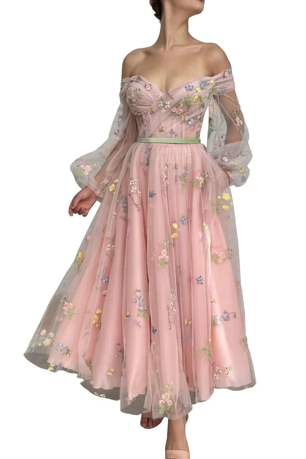 Swemile Women's Pink Puffy Sleeve Tulle Prom Dresses Flower Embroidery Formal Evening Party Gowns Uk14